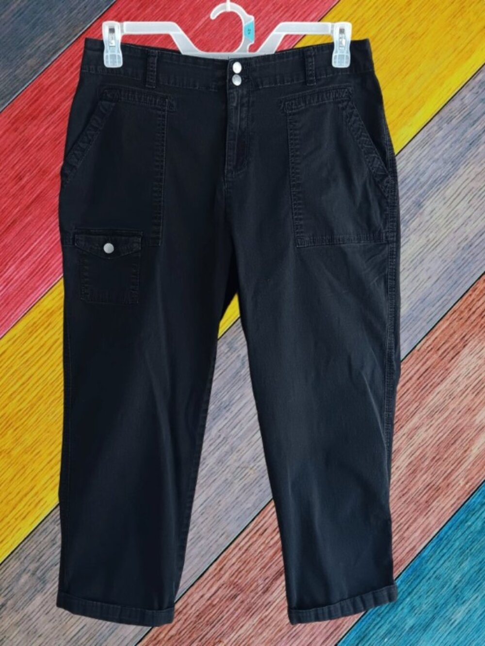 Time and Tru Womens Crop Capri Cargo Pants Pockets Cotton Black Size 14